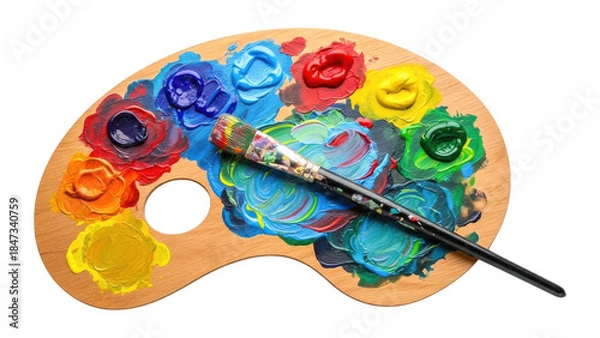 Fototapeta Colorful artists paint palette with a paintbrush on transparent background