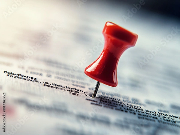 Obraz Red Pushpin on Document Surface with Blurred Background Focus