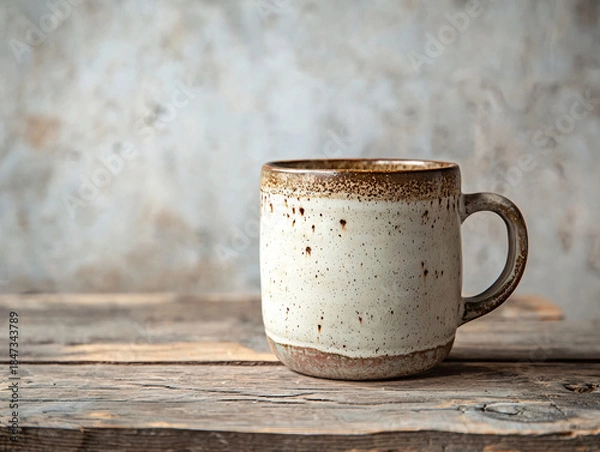 Obraz Rustic Ceramic Mug on Wooden Table Against Textured Background