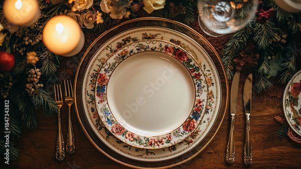 Obraz Elegant Table Setting with Floral Dinnerware and Candles