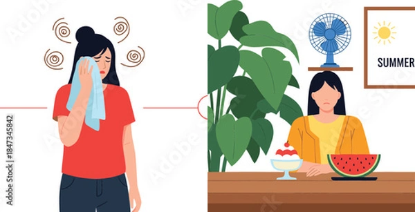 Fototapeta  Young woman suffering from summer heat stroke sweating and wiping face with towel and girl cooling down with electric fan watermelon and ice cream flat vector illustration.