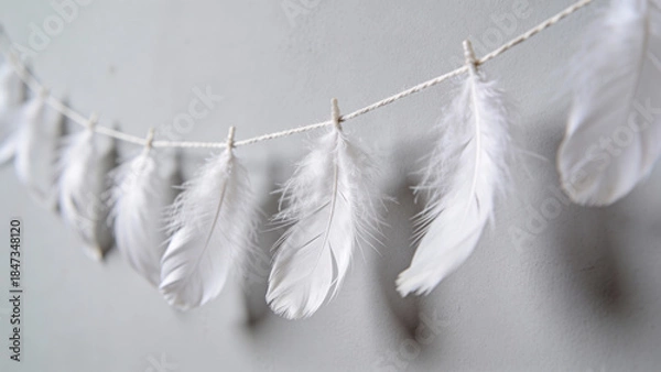 Obraz White feathers hanging on a string against a neutral background  