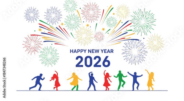 Obraz happy new year fireworks with people silhouette