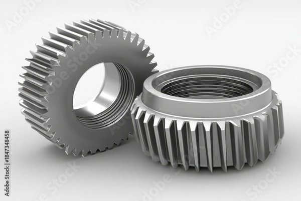 Fototapeta 3d render of two metal nuts with gear teeth on white background for industrial engineering, mechanical design and hardware component concepts