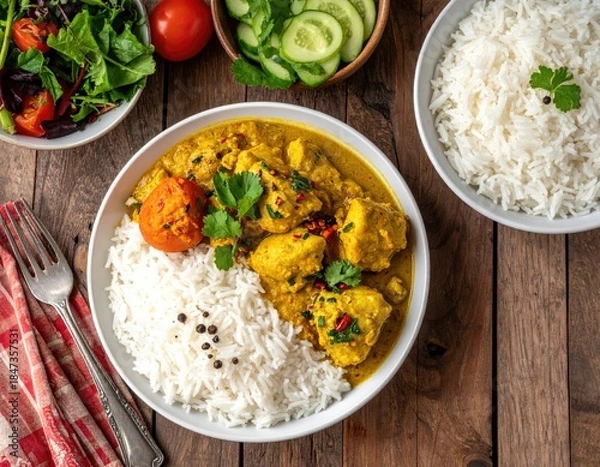 Fototapeta Overhead shot of a curry dish with sides on a wooden table