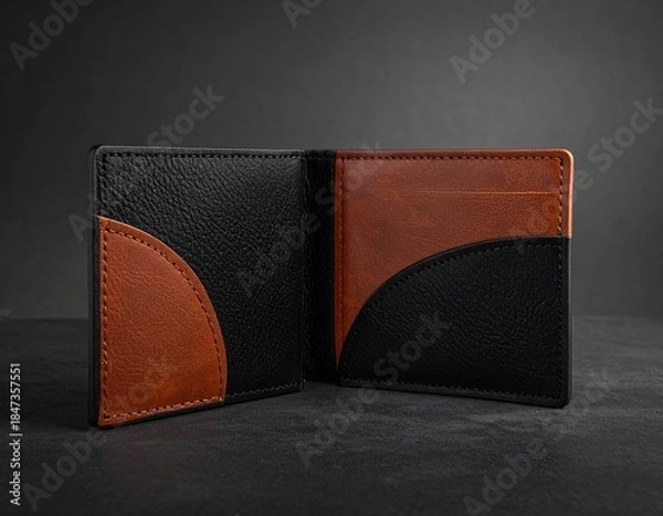 Fototapeta Open bi-fold wallet in black and tan leather against a dark background