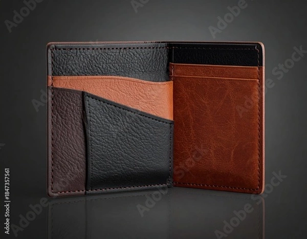 Fototapeta An open two-tone leather wallet showcasing card slots and stitching