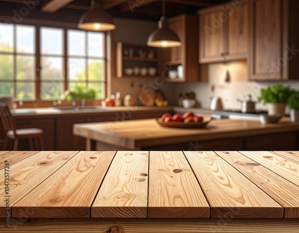 Fototapeta Wooden table foreground with a blurred cozy, rustic kitchen