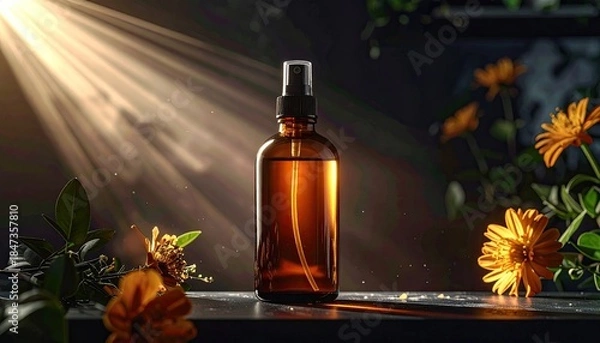 Fototapeta Amber spray bottle bathed in sunlight amidst flowers, creating a warm scene
