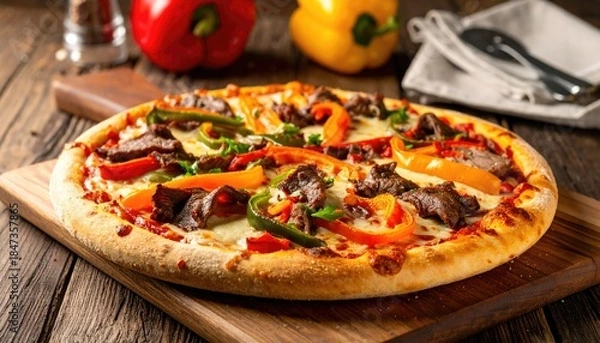 Fototapeta Delicious pizza with colorful peppers and beef on a wooden board