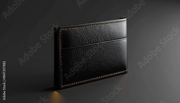 Fototapeta A stylish black leather wallet with orange stitching, angled on a dark surface