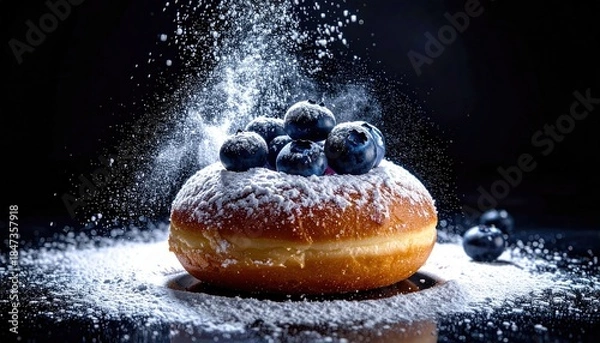 Fototapeta Donut topped with blueberries, dusted with powdered sugar, dark background