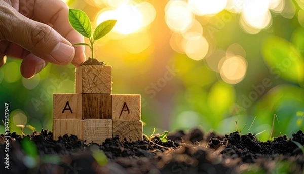 Fototapeta Hand plants seedling on wooden blocks, "A" letters visible, bokeh background
