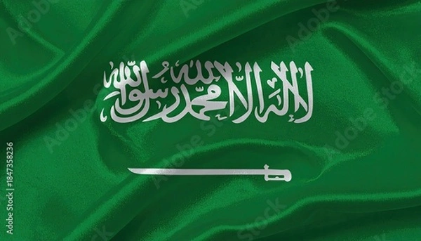 Fototapeta Emerald green flag with white script and sword on a silky background