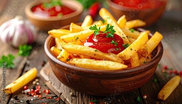 Fototapeta Golden, crispy french fries in a bowl, with ketchup and parsley