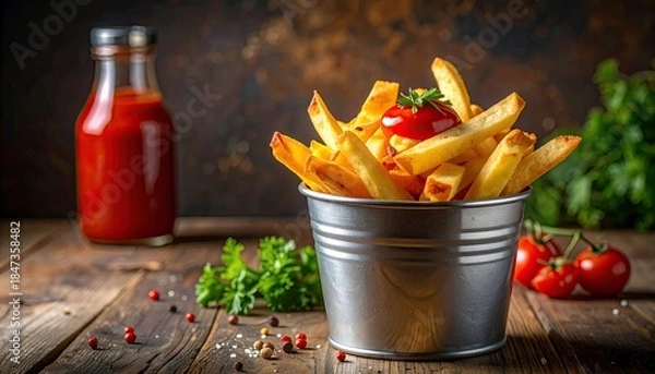 Fototapeta Golden fries in a tin with ketchup and ingredients on a rustic table