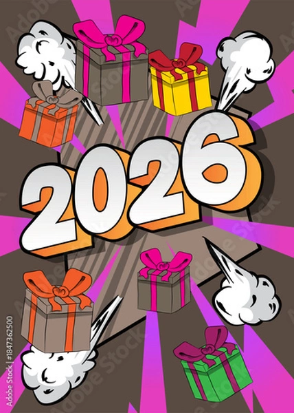 Obraz Cartoon Gift Box and number 2026, comic book Celebration. Retro vector comics pop art design.