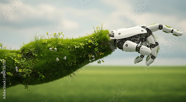 Obraz Robot hand holding green branch in open field