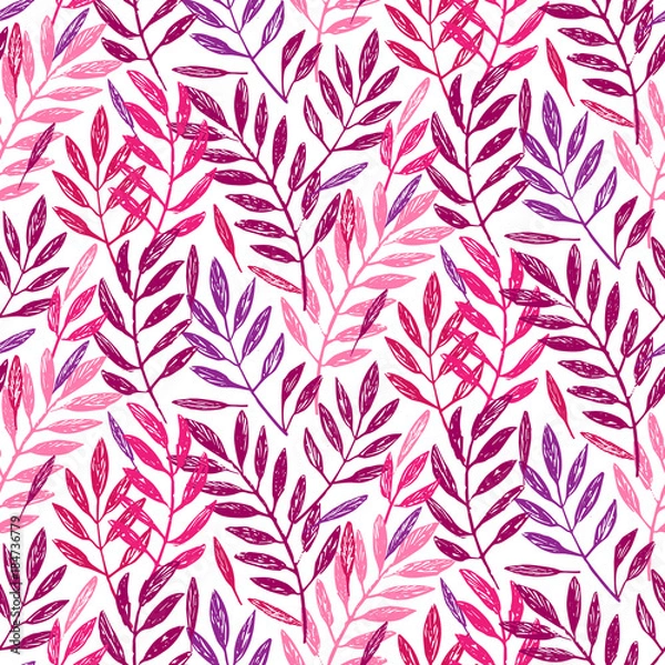 Obraz Pink background - Tropical palm leaves, seamless foliage pattern. Vector illustration. Tropical jungle palm tree background in pink and purple colors