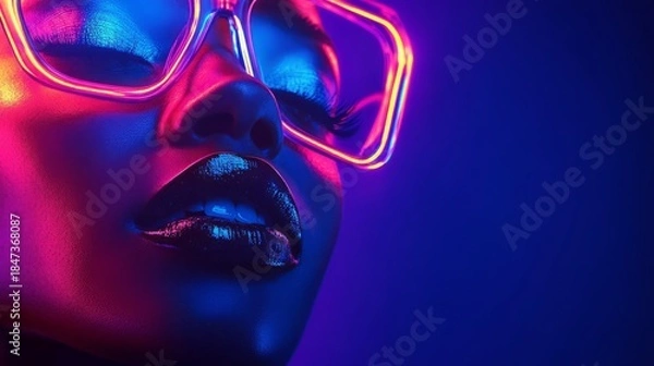 Fototapeta Woman wearing neon glasses with a bright colorful background in a creative setting