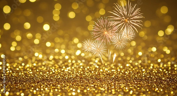 Obraz Golden fireworks explosion on glittering background