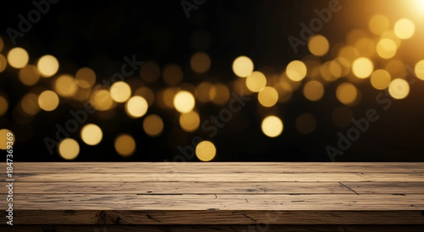 Obraz Wooden table with golden bokeh lights background