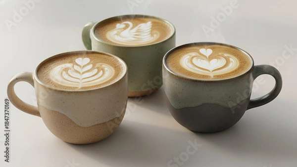 Obraz Freshly brewed artisan latte trio with intricate leaf swan and heart foam art in rustic ceramic cups on minimal surface with rising steam and warm tones