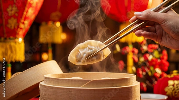 Obraz Hand picking steaming dumpling from bamboo steamer for new year