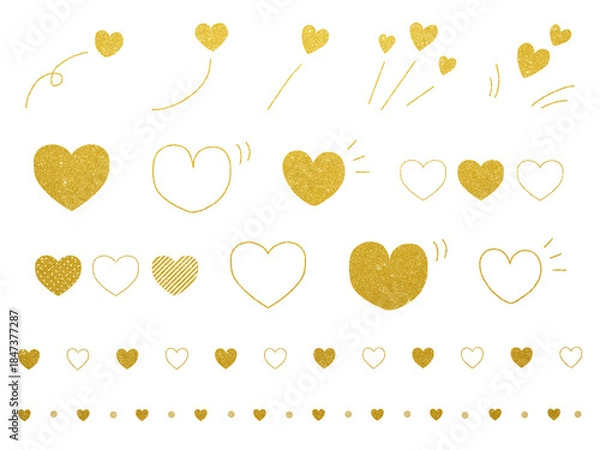 Fototapeta かわいい手描きハートの装飾セット・金色