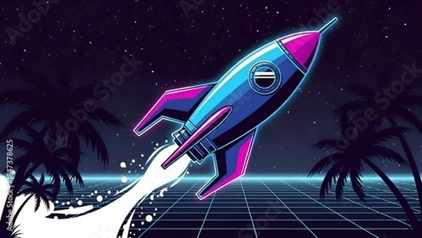 Obraz Retro Rocket Launch Illustration 80s Style Space Travel