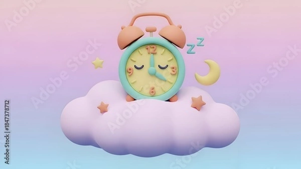 Obraz Sleep Time Alarm Clock on Cloud, Dreamy Pastel Illustration