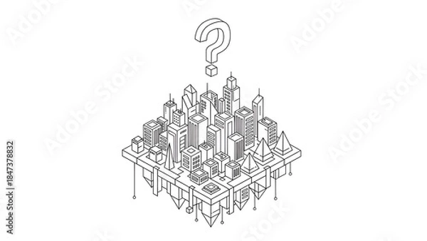Obraz City Question Mark, Isometric Urban Planning Problem, Line Art
