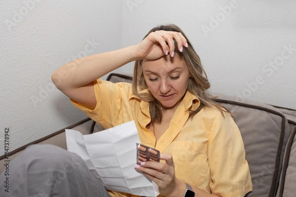 Obraz A woman sits on a couch with a worried look while holding a letter in one hand. She appears to be reading something important and is deep in thought.