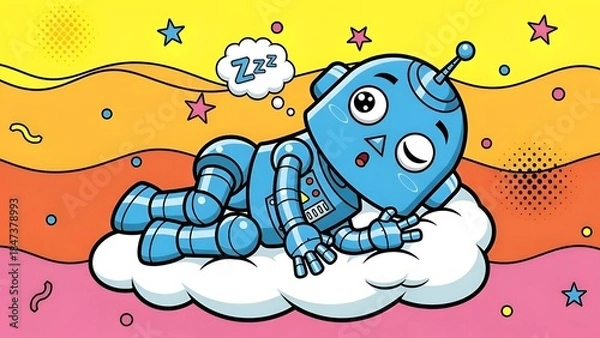 Obraz Sleeping Robot Cartoon Dreamy AI, Cloud Nap, Comic Style Illustration