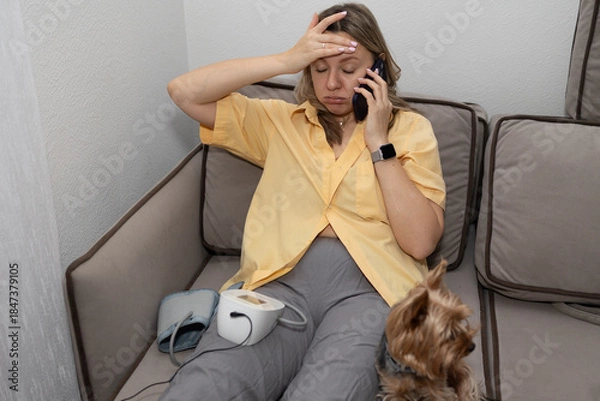 Obraz A woman sits on a couch holding a phone to her ear while using a health monitor. A small dog sits beside her as she appears focused and concerned during the call.