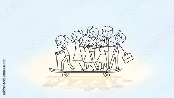 Obraz Teamwork Cartoon Collaboration, Unity, Stick Figures on Skateboard