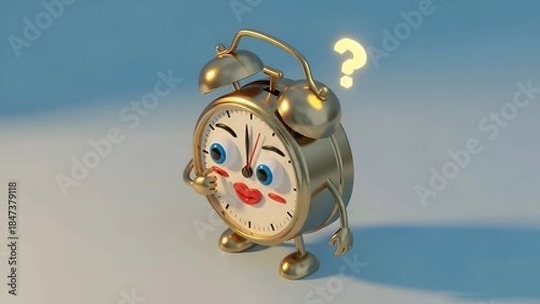 Obraz Cartoon Alarm Clock Character Thinking, Question Mark, Time Management