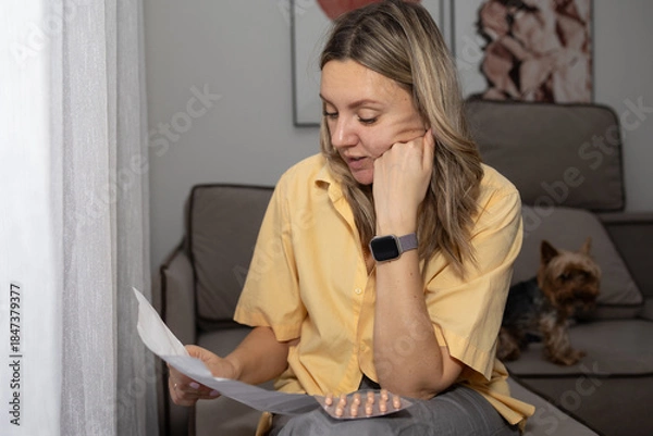 Obraz A woman sits on a couch in a living room, reading a document with a focused expression. A small dog rests nearby. The setting features light colors and soft furniture, creating a comfortable space.