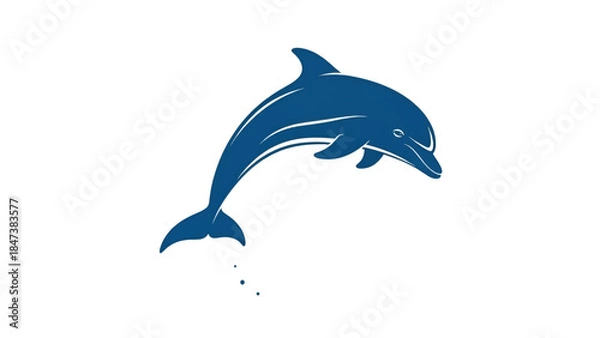 Fototapeta Stylized deep-blue dolphin arcing gracefully mid-jump over white background with tail droplets waves