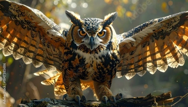 Fototapeta Majestic Owl with Spread Wings in Natural Habitat.