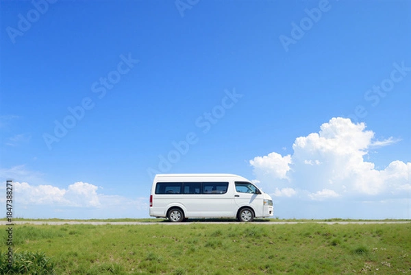 Obraz White Passenger Van on Countryside Road Under Blue Sky