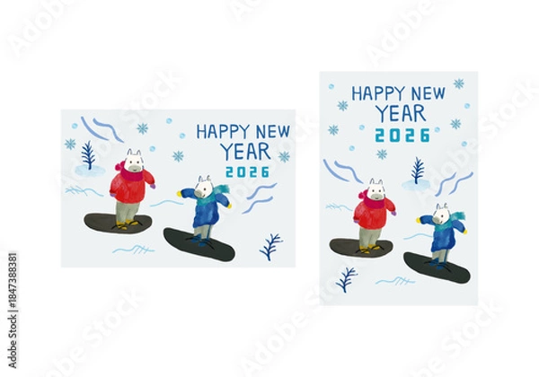 Obraz 年賀状ベクターイラストテンプレート　スノーボードをする2頭の馬　手書きで描いた冬の風景