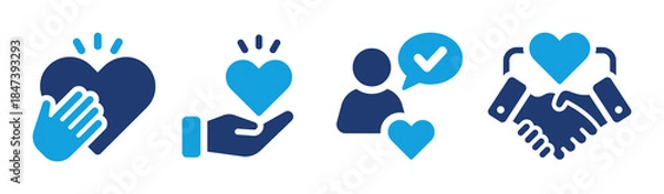 Fototapeta Flat vector icon set representing trust, care, honesty, compassion and human connection, featuring hands, hearts, handshake and user approval symbols