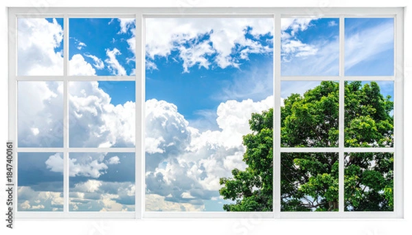 Obraz View through a white window blue sky, clouds, and green tree