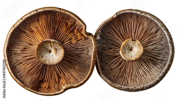 Obraz Two portobello mushrooms, gills exposed, set against a black backdrop