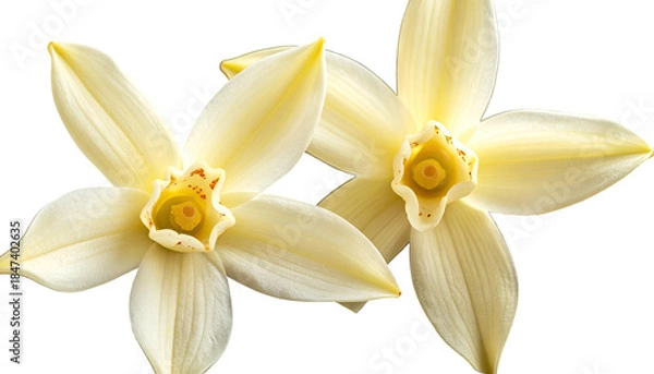 Obraz Two cream-colored, star-shaped flowers with yellow centers