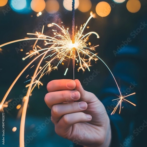 Fototapeta Hand holding a vibrant sparkler illuminating the night with festive light