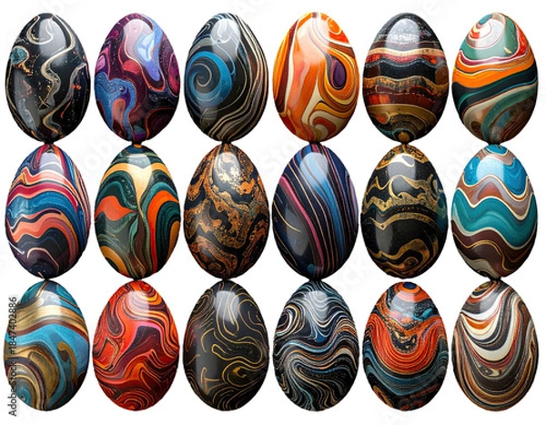 Obraz Assorted decorated eggs with swirled and flowing colorful patterns