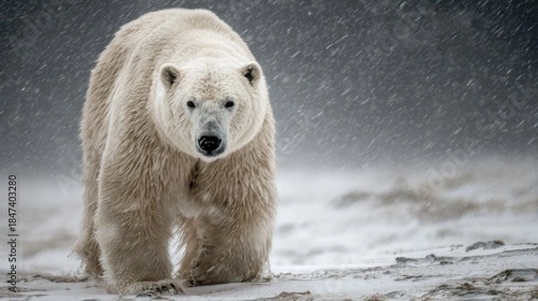 Fototapeta Majestic Polar Bear Walking Through Snowy Landscape in Blizzard Conditions