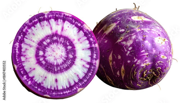 Obraz A cut root vegetable, revealing vibrant purple and white patterns